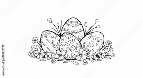 Festive Easter eggs adorned with patterns and surrounded by blooming flowers and buds