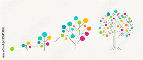 Colorful dot tree structure illustrating growth and evolutionary process
