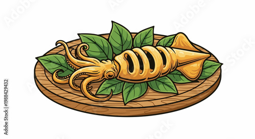 Cooked, golden-brown squid presented on a wooden platter with green leaves