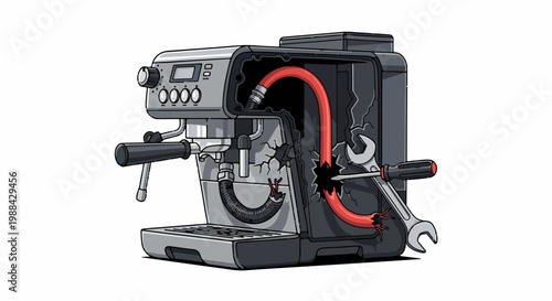 Damaged espresso machine with exposed red tube, tools nearby