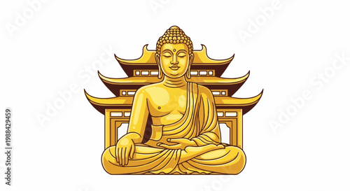 Golden Buddha meditating before a tiered pagoda with curved roofs