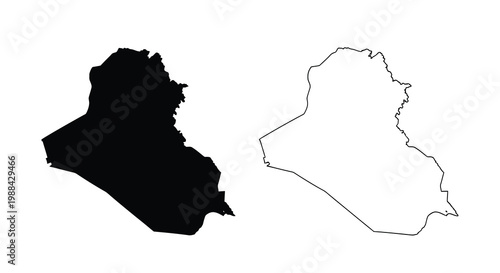 Two representations of the country of Iraq are shown a solid black shape and a white outline