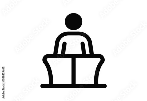 Minimalist vector of a person standing behind a podium speaking.