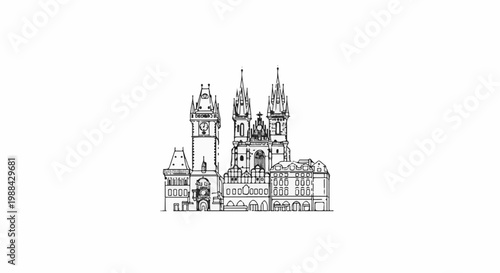 Detailed black ink sketch of a famous European historical church and clock tower
