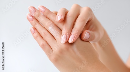 Close-up of neatly manicured hands with soft skin against a light background, showcasing beauty and care.
