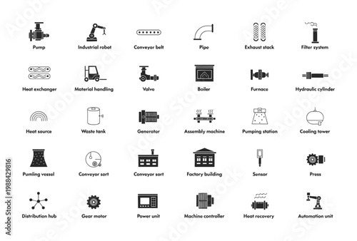 Vector diagram showcasing various industrial and manufacturing icons.