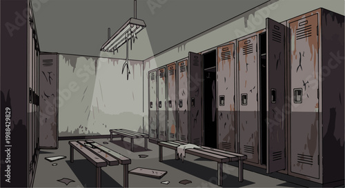 Dilapidated locker room with rusted metal lockers and decaying benches