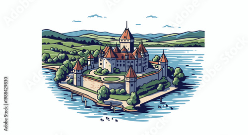 Castle on an island in a lake, surrounded by green hills and trees