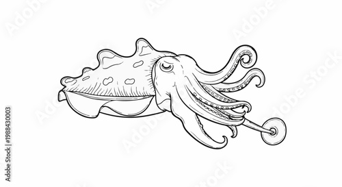 Detailed line drawing of a cuttlefish with wavy mantle and curling tentacles