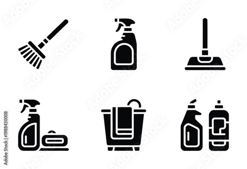 Set of vector icons representing cleaning supplies and tools for housekeeping.