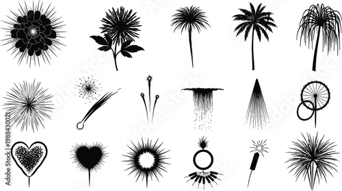 Black Silhouette Vector Collection of Fireworks Symbols Pyrotechnic Effects Sparklers and Festive Celebration Elements Isolated on White Background CAD Drawing Flat Illustration