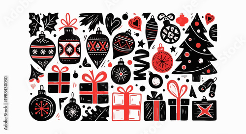 Festive holiday illustrations with Christmas tree, ornaments, and gifts