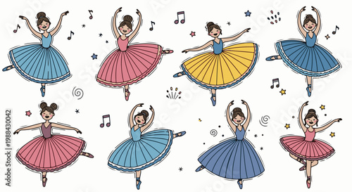 Eight cartoon ballerinas in various colorful tutus dance joyfully