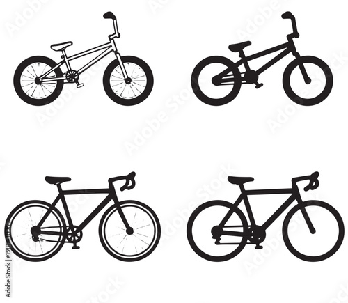 Four bicycle silhouettes showing bmx and road bike designs in black and white grid