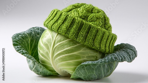 Fresh cabbage wears a green knitted cap. Cabbage leaf curls softly around the cap. White studio light highlights crisp textures. Playful, whimsical, yet realistic vegetable portrait