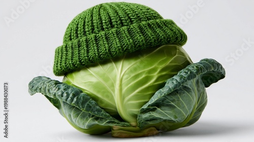 Fresh cabbage wears a knitted green cap. Cozy texture contrasts with crisp vegetable form. Playful, whimsical twist adds charm to humble produce. Perfect for quirky food, gardening