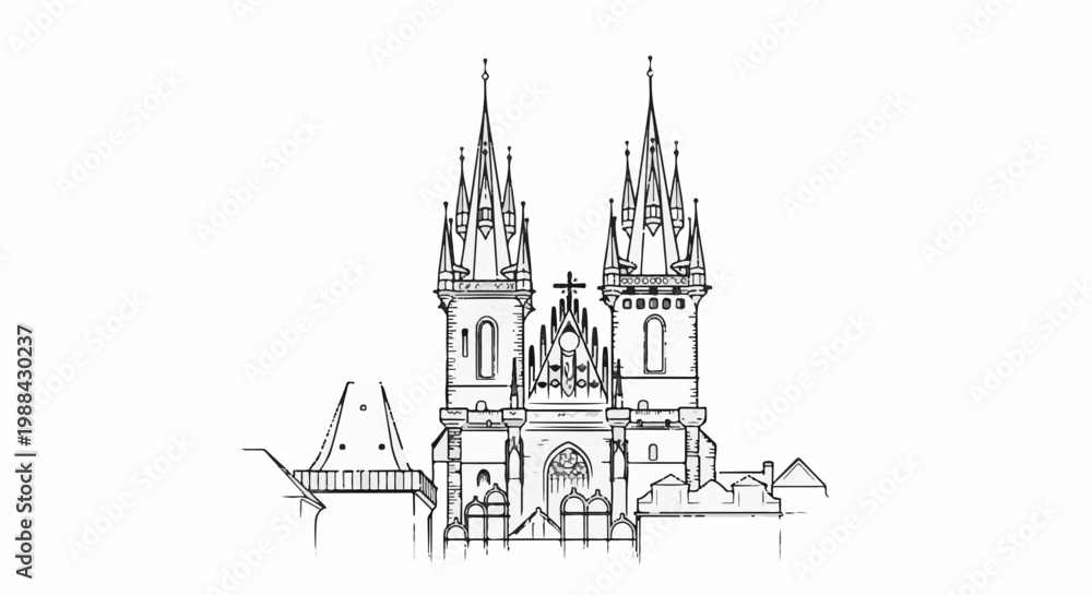 Fototapeta premium Detailed line drawing of a gothic church with twin spires and intricate architectural features
