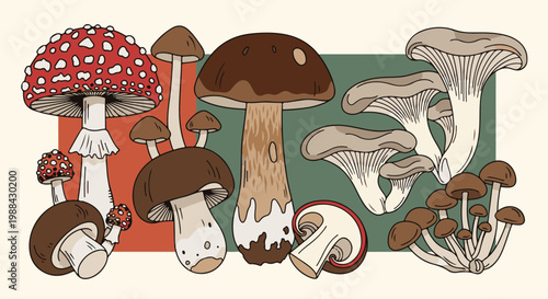Diverse illustrated fungi varieties arranged on a neutral background