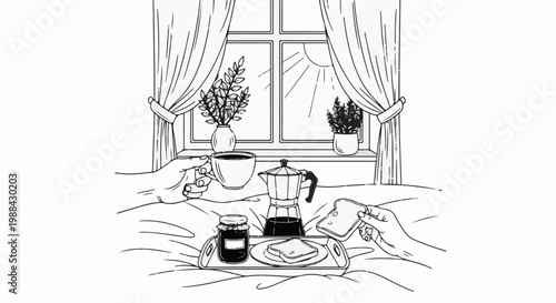 Cozy morning with coffee, toast, and jam in bed by a sunlit window