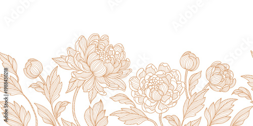 Elegant luxury seamless border with a floral pattern of peonies and leaves. Floral frame. Vector illustration for wedding invitation, greeting card, packaging, branding, design 
