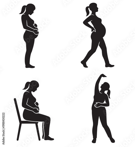 Four pregnant woman silhouettes showing standing walking sitting and stretching poses in black and white grid