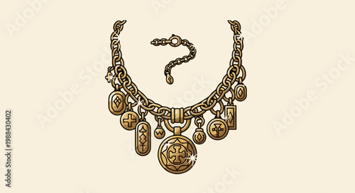 Ornate gold chain necklace with numerous detailed charm pendants