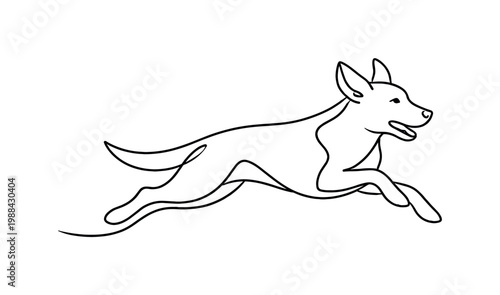 Happy Sprint. Minimalistic one-line drawing energetic dog in mid-run with lifted ears and flowing body line,