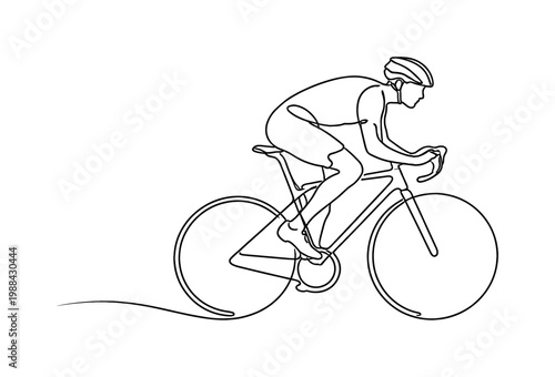 Forward Motion. Minimalistic one-line drawing cyclist riding forward with dynamic posture and smooth flowing