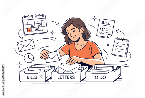 Home organization moment. Person sorting mail into labeled trays or slots, calm focused action and tidy
