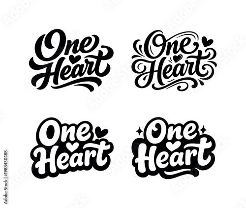 One Heart. Set lettering. 4 harmonious lettering variations of the same emblematic concept, each with
