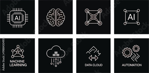 Icons representing key concepts in artificial intelligence and data technology