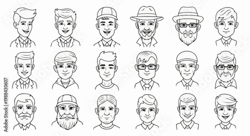 Collection of diverse male cartoon portraits with varied hairstyles and facial hair