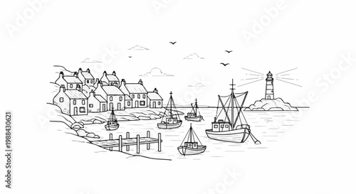 Coastal village with lighthouse, boats docked at pier, and sailing vessels at sea