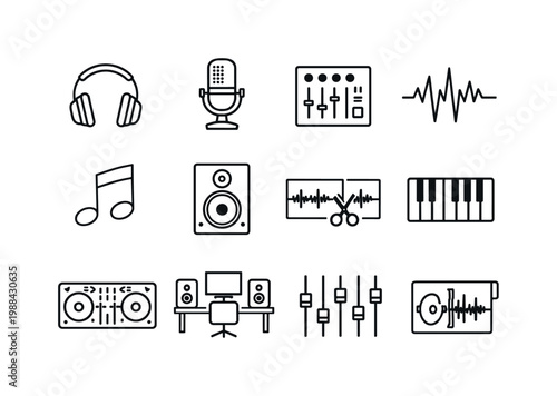 Music production. Line outline icon set of Music production: headphones, microphone, mixing console, sound