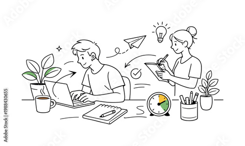 Focus-friendly workspace scene. Close-up of a desk with calming elements like plants, soft colors and