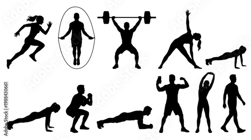 A collection of black vector silhouettes featuring people and dancing girls in various action poses, including fitness, yoga, and sport illustrations for art and icons