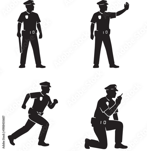 Four police officer silhouettes showing baton traffic signal running and radio communication in black and white grid
