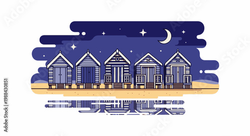 Row of beach huts under a starry night sky, reflected on water