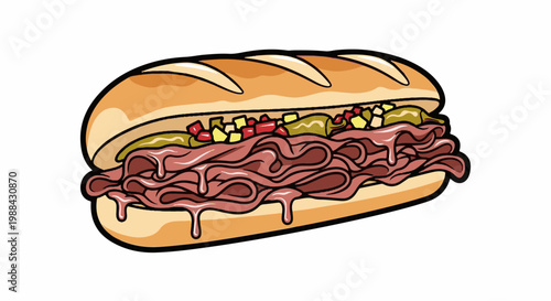 Generously filled sub sandwich with thinly sliced meat and chopped toppings