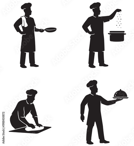 Four chef silhouettes showing frying pan seasoning dough kneading and dish presentation in black and white grid