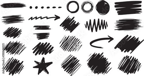 A comprehensive collection of hand-drawn black vector elements, including various speech bubbles, directional arrows, wavy lines, and star sparkles.