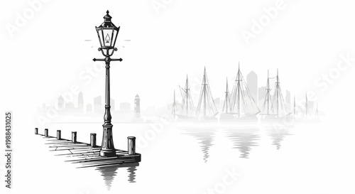 Illuminated dockside with sailing ships and city skyline