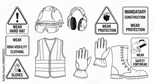 Collection of safety equipment and warning signs for construction
