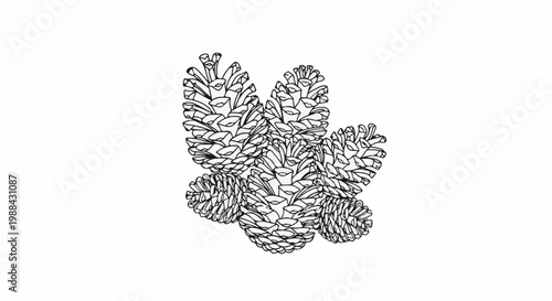Cluster of detailed black and white pine cones on a white background
