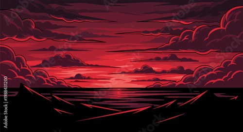 Pixel art dramatic red sunset over dark ocean and jagged shorelines