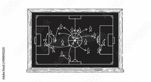 Soccer strategy displayed on a chalkboard with player formations and movement