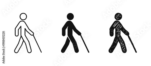 Blind Man Walking with Cane Icon Set, Visual Impairment Accessibility Symbols