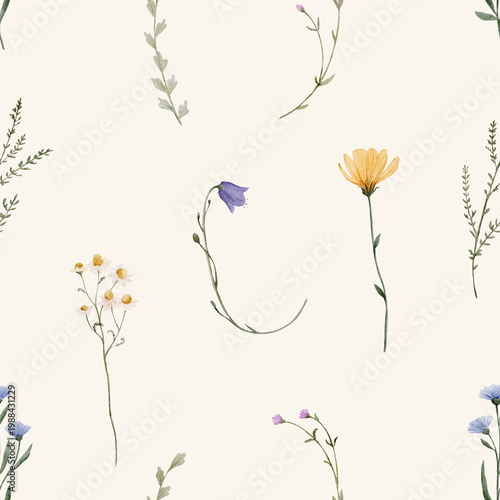 Seamless watercolor wildflower pattern with delicate meadow elements. Soft botanical design feels airy and natural and perfect for textile or wallpaper.