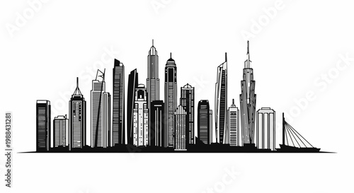 A stylized, black and white graphic silhouette of a modern city skyline with diverse skyscrapers and a boat