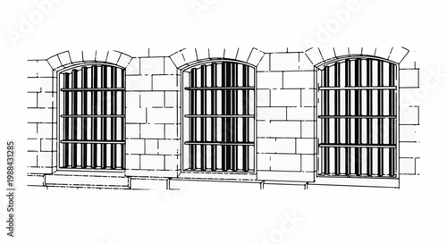 Stone wall with three barred windows, an architectural illustration